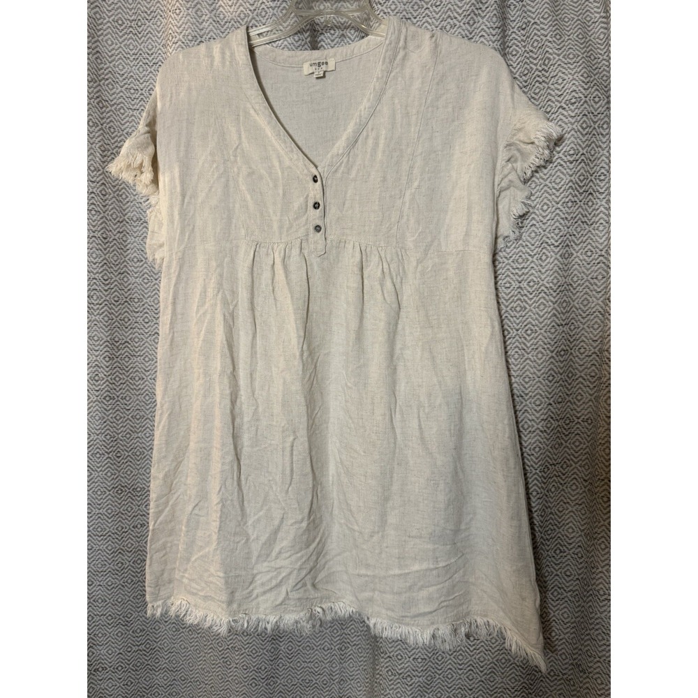 Umgee Cream Colored Frayed Edge Short Sleeve Bbaydoll Dress BOHO Small